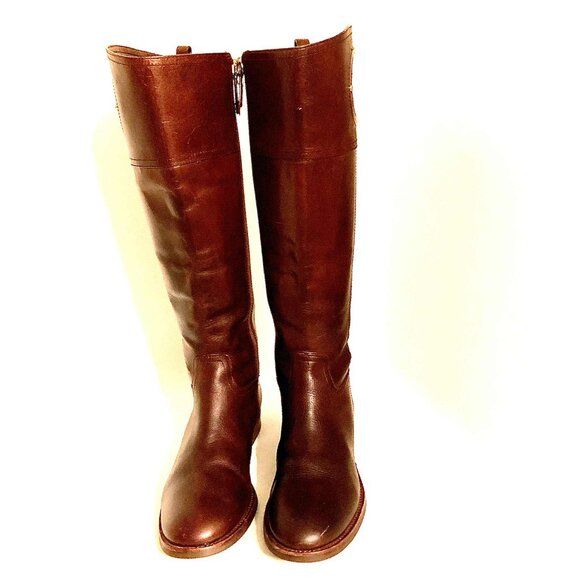 TORY BURCH Kiernan Leather Riding Boot Saddle Brown Gold Metal Logo 8.5 MSRP$450 - Picture 5 of 9